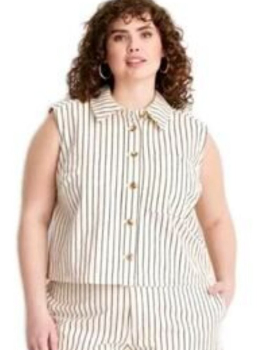 NWT Future Collective Sleeveless Button-Front Striped Crop Top In Cream/Black 3X